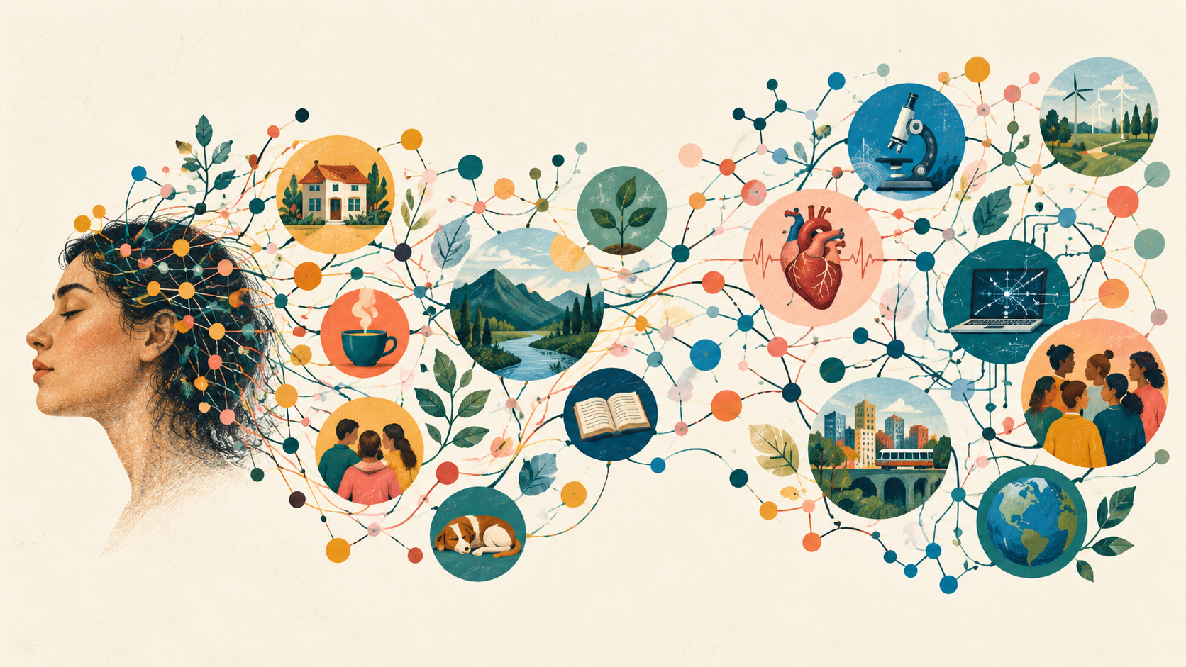 Ilustración de una red de conceptos conectados que cambia a medida que incorpora experiencias sociales, tecnológicas y sanitarias.